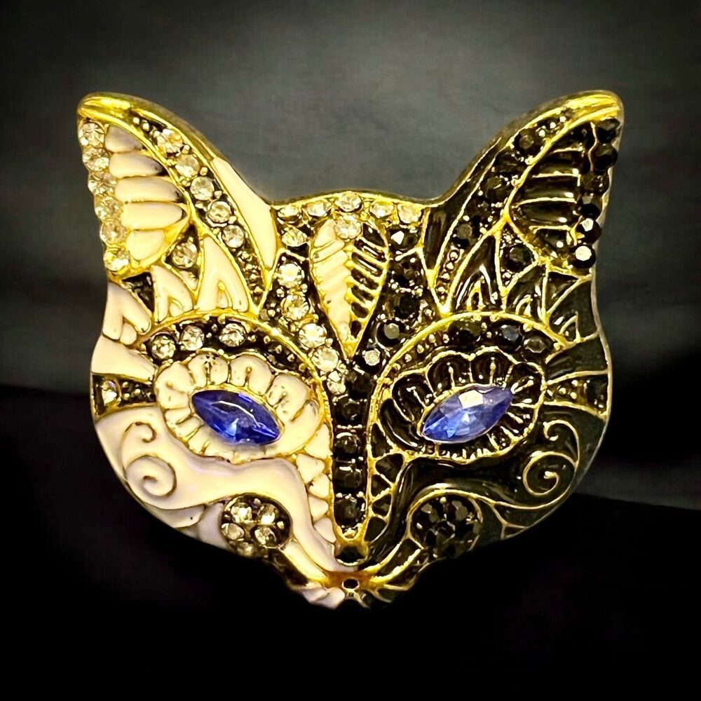 Retro Cat Mask Enamel Brooch - Black/White